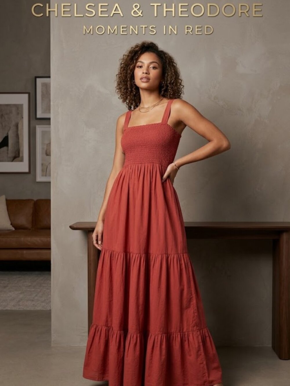 Chelsea & Theodore New Terracotta red Boho Maxi Sun Dress with Stretch Bodice M